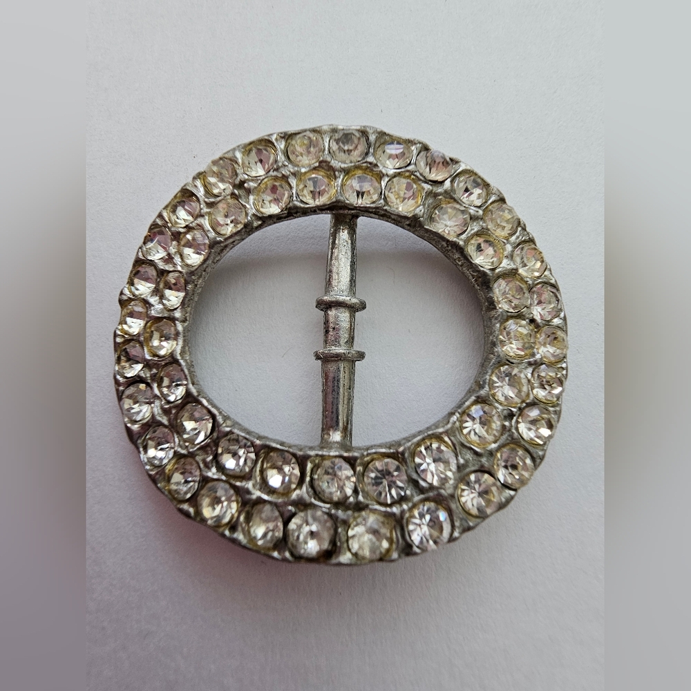 Vintage Art Deco Rhinestone Belt Buckle Silver Tone Clear Crystal Oval